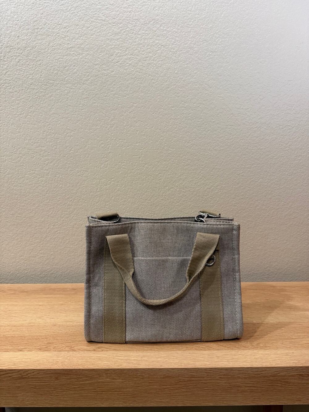 Gray Taupe Canvas Tote Handbag Olive Green Handles Front Pocket